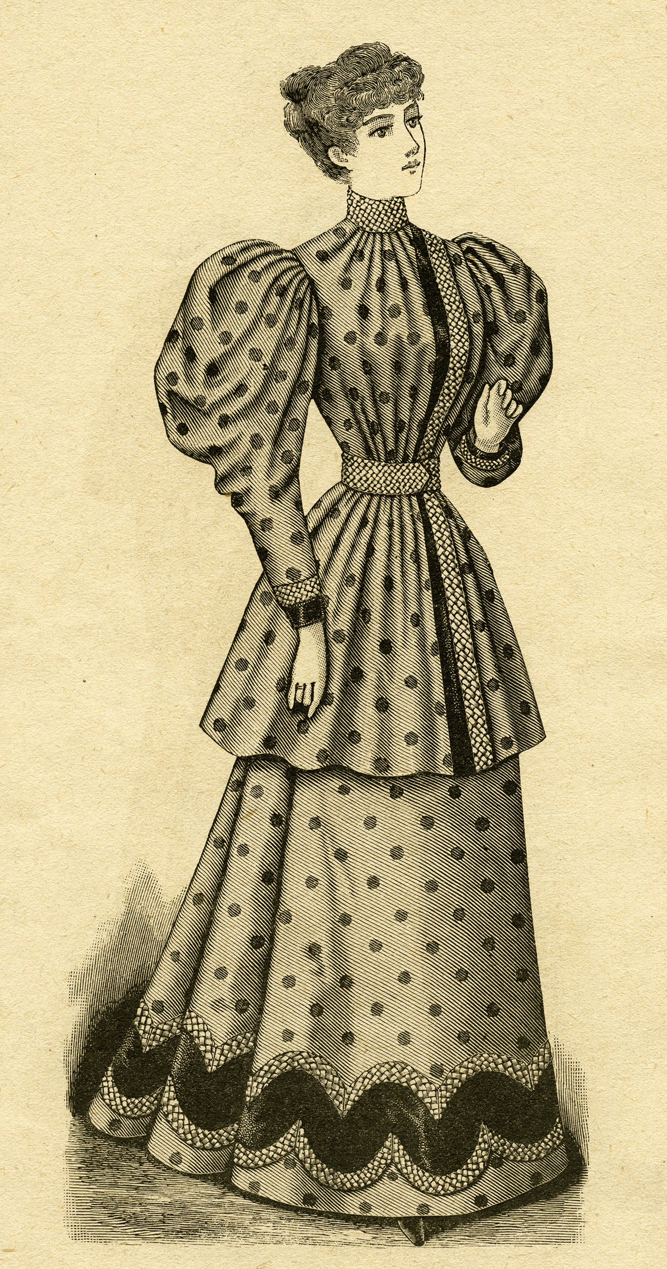 llustration of a Victorian lady in a polka dot outfit that is referred to as a Ladies’ House Toilette in the April 1894 issue of The Delineator magazine