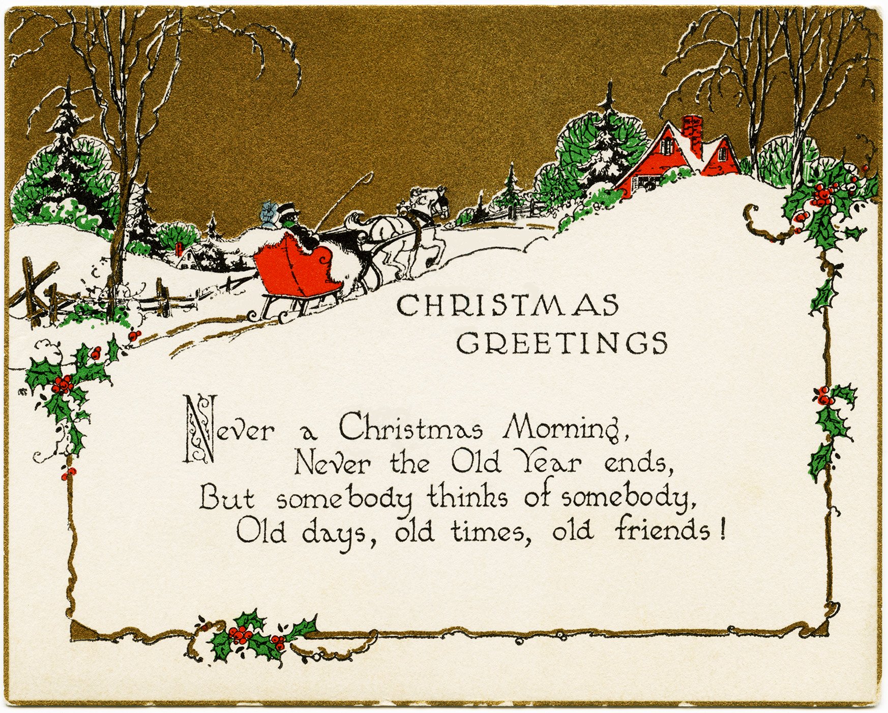 vintage christmas card, old fashioned holiday greeting, horse drawn sleigh image, vintage winter graphic