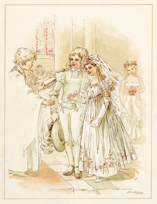 tom tucker bo peep wedding, vintage storybook wedding image, alice wheaton adams art, childrens story page