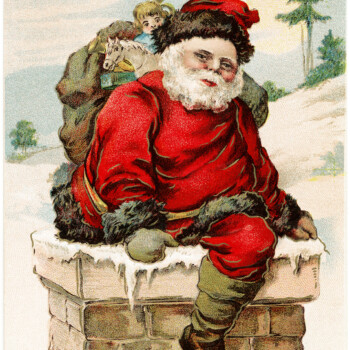 vintage santa postcard, old fashioned christmas card, santa in chimney, joyful christmas greeting, vintage santa clip art