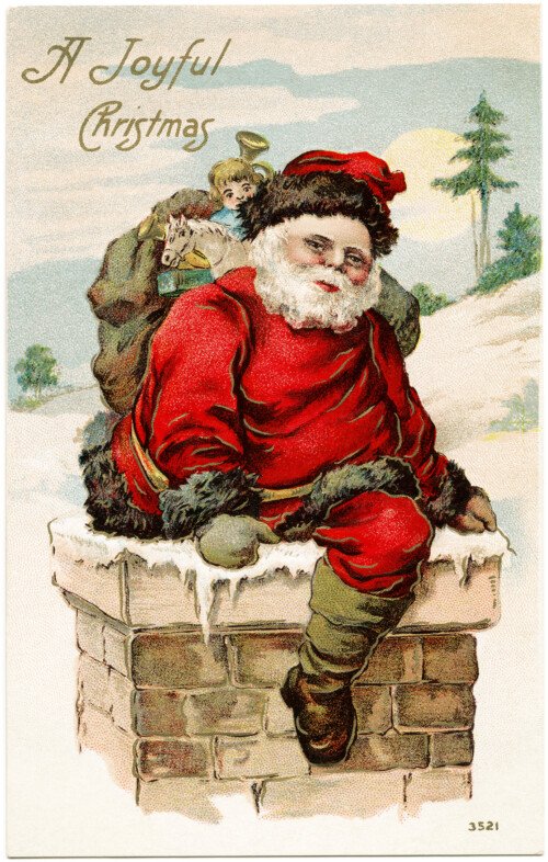 vintage santa postcard, old fashioned christmas card, santa in chimney, joyful christmas greeting, vintage santa clip art