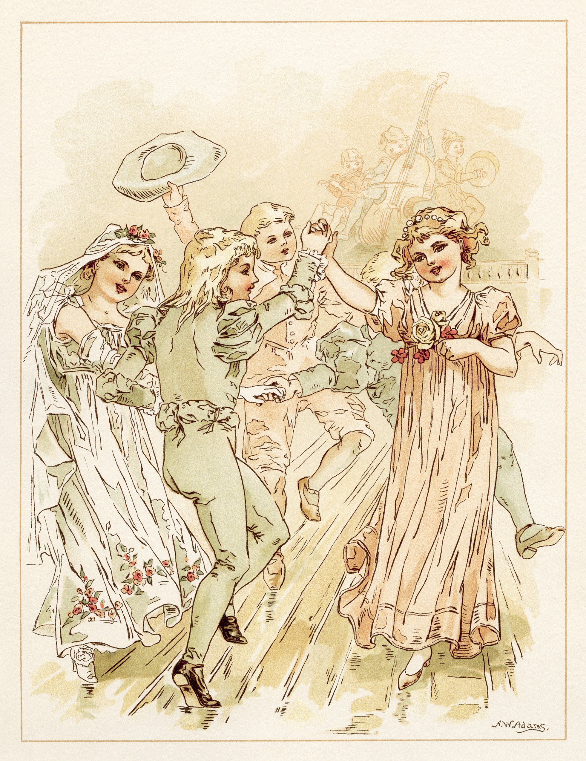 tom tucker bo peep wedding, vintage storybook wedding image, alice wheaton adams art, childrens story page, wedding dance party illustration