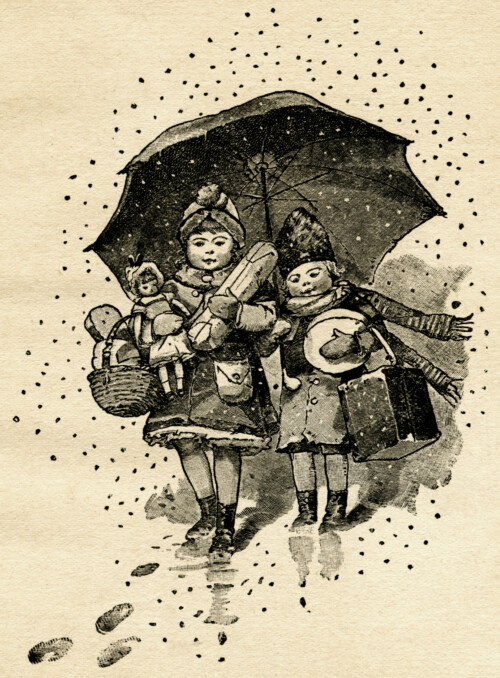 Free vintage clip art children with Christmas gifts walking under umbrella 