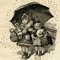 Free vintage clip art children with Christmas gifts walking under umbrella