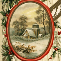 Free vintage clip art Christmas postcard country church scene holly berries