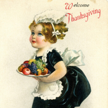 Free vintage clip art little maid Thanksgiving girl serving fruit postcard