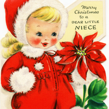 Free vintage clip art Christmas greeting card girl in red with poinsettia and rabbit