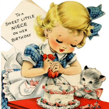 Free vintage clip art girl decorating cake kitten watching birthday greeting card