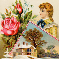 Free vintage clip art Victorian trading card rose girl country winter scene