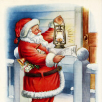 Free vintage clip art Santa makes his rounds by lantern Christmas postcard image