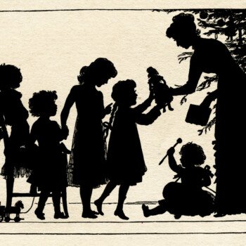 Silhouette of Children Receiving Gifts