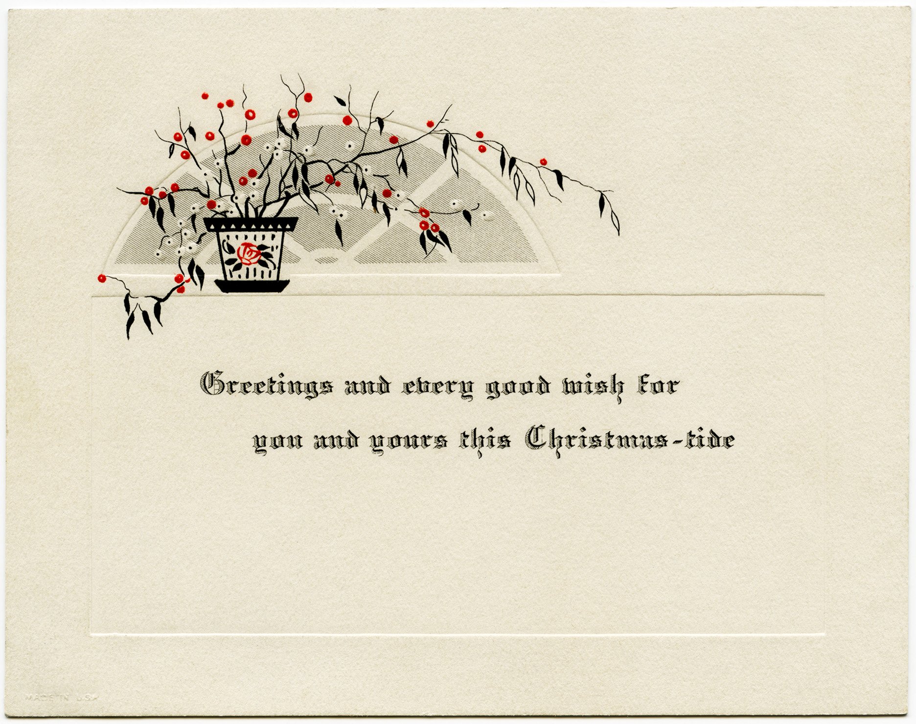 vintage Christmas card, old fashioned greeting card, vintage plant clipart, red white black clip art