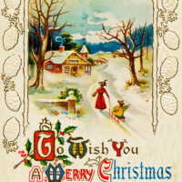 Free vintage clip art Christmas postcard image country winter scene