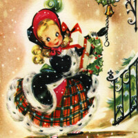 Free vintage clip art Christmas card girl in plaid dress with gift
