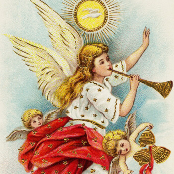 Free vintage clip art Christmas postcard angel cherubs in clouds