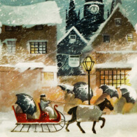 Free vintage clip art Ellen Clapsaddle Christmas postcard snowy night horse carriage
