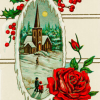 Free vintage clip art image Christmas postcard country church rose