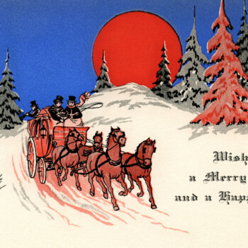 Free vintage Christmas card horse drawn carriage printable