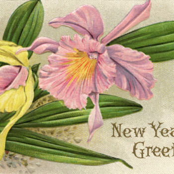 Free vintage clip art purple flower New Year postcard