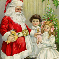 Free vintage clip art Christmas postcard Santa giving gifts to children