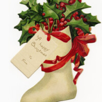 Free vintage clip art Christmas stocking filled with holly and berries