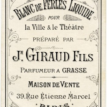 blanc de perles liquide, vintage beauty label, antique French perfume label, J Giraud Fils image, vintage ephemera graphics, old French printable