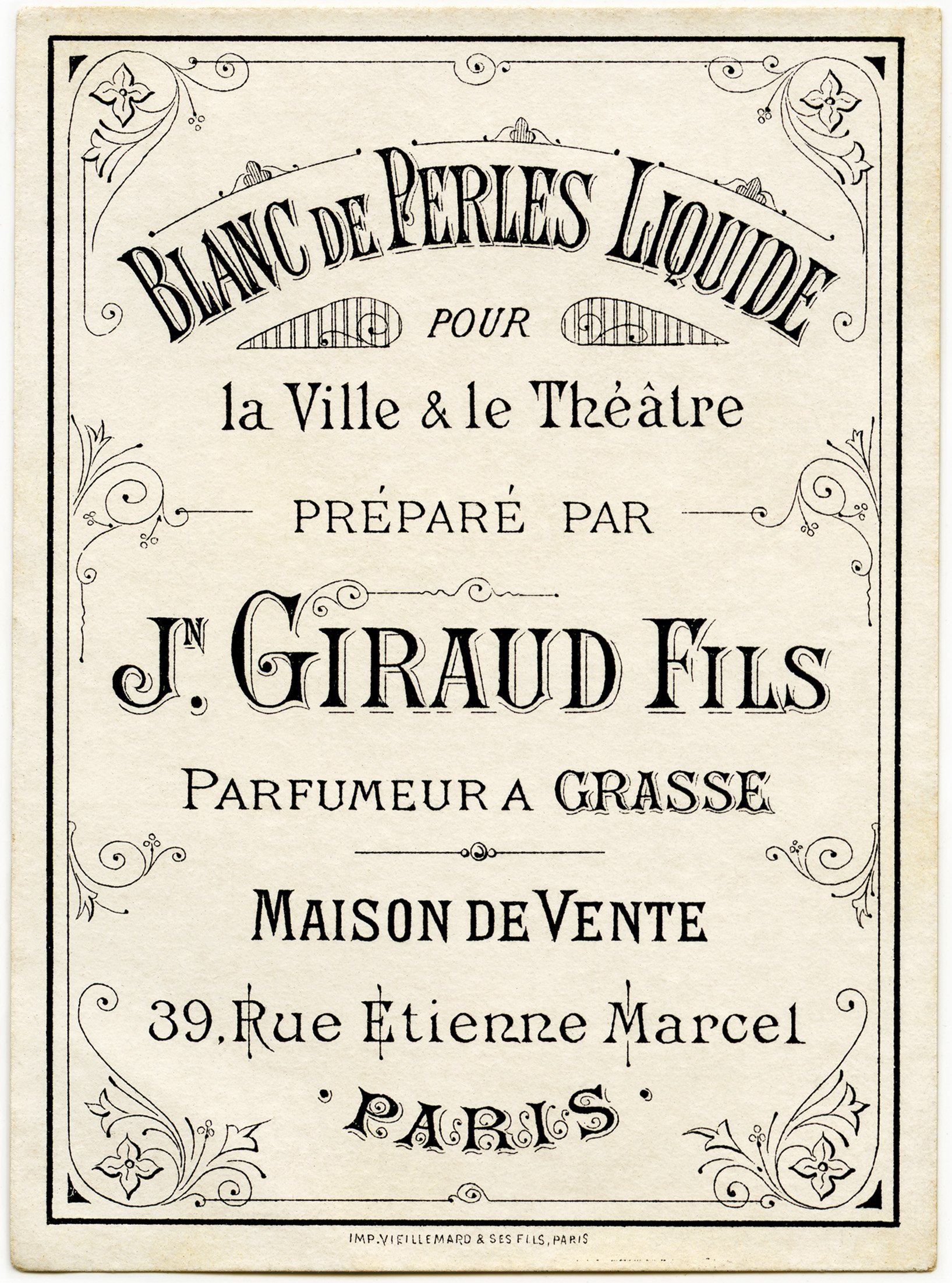 blanc de perles liquide, vintage beauty label, antique French perfume label, J Giraud Fils image, vintage ephemera graphics, old French printable