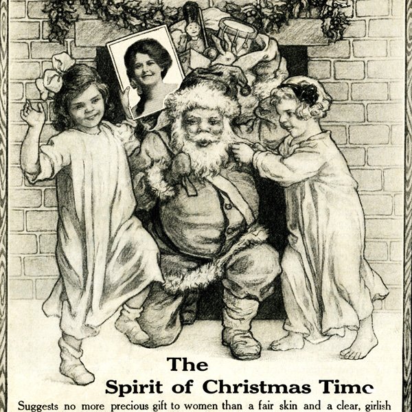 Free vintage clip art Santa and children Hinds Honey Almond Cream magazine advertisement