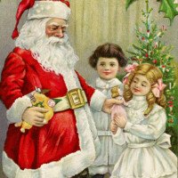 Free vintage clip art Christmas postcard Santa giving gifts to children