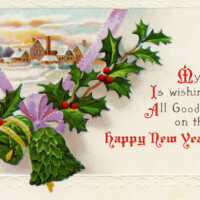 Free vintage clip art Christmas postcard country winter scene bells holly berries