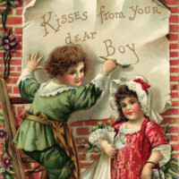 Free vintage clip art Valentine postcard children kisses from your dear boy