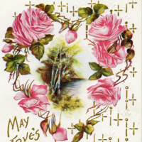 Free vintage clip art postcard pink roses heart