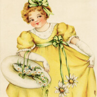 Free vintage clip art girl in yellow dress Valentine daisy postcard image