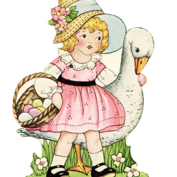 Free vintage clip art Easter girl with basket of eggs walking with goose