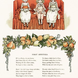 vintage storybook image, kate greenaway, marigold garden, first arrivals poem, children on couch clip art, fruit border clipart