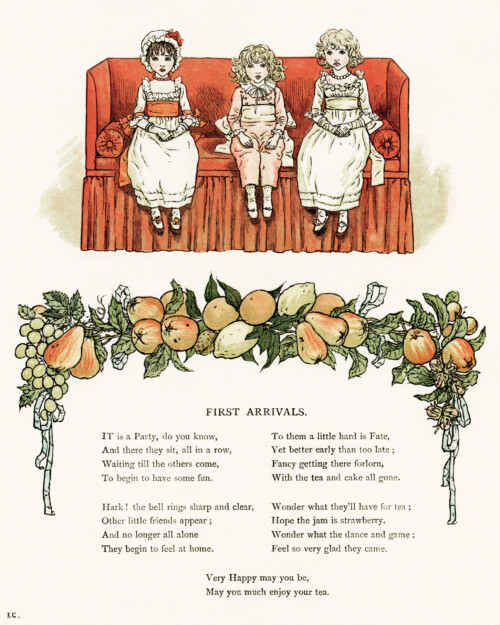 vintage storybook image, kate greenaway, marigold garden, first arrivals poem, children on couch clip art, fruit border clipart