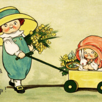 Free vintage clip art Easter girl pulling little sister in wagon