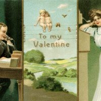 Free vintage clip art Valentine postcard man and woman on phone cherubs on telephone wire