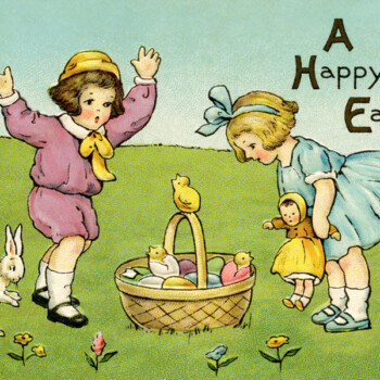 Free vintage clip art Easter children in meadow with bunny and basket