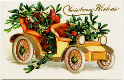 vintage christmas postcard, car filled with mistletoe, old fashioned christmas card, holiday printable, free vintage graphics