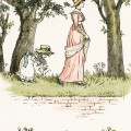 vintage storybook image, kate greenaway, marigold garden, girl picking daisies, victorian lady and girl clipart