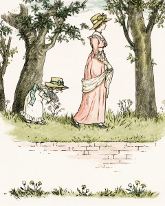 vintage storybook image, kate greenaway, marigold garden, girl picking daisies, victorian lady and girl clipart