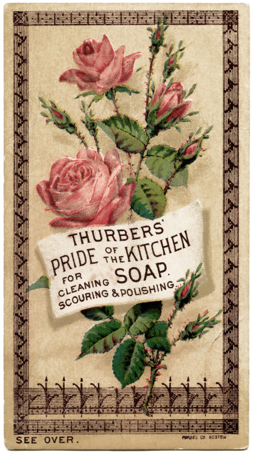 thurbers kitchen, Victorian advertising card, vintage trading card, shabby roses illustration, vintage ephemera graphics