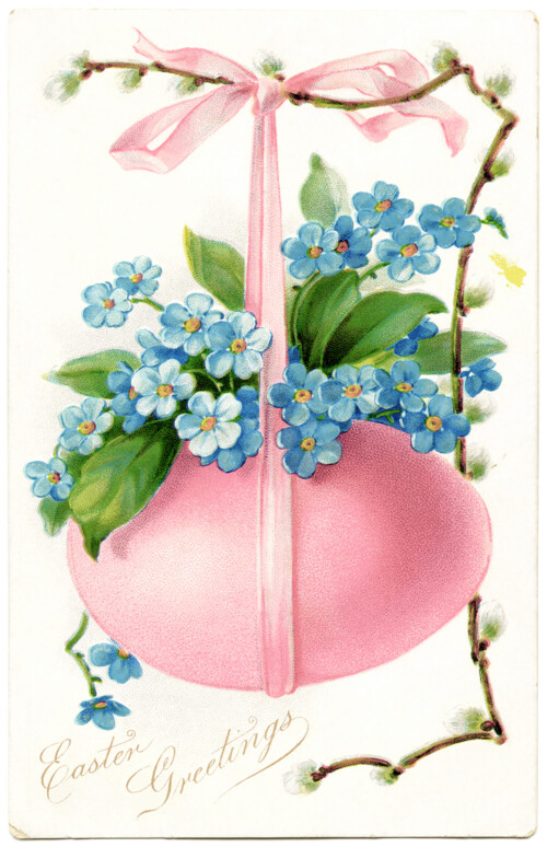 Free vintage clip art Easter postcard pink egg blue flowers