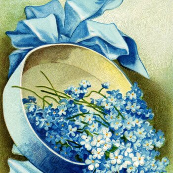 Free vintage clip art hat box filled with blue flowers Easter postcard