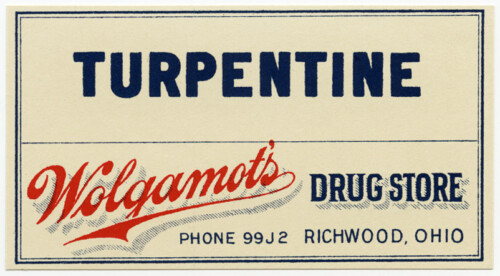 Free vintage pharmacy label Wolgamots drug store turpentine