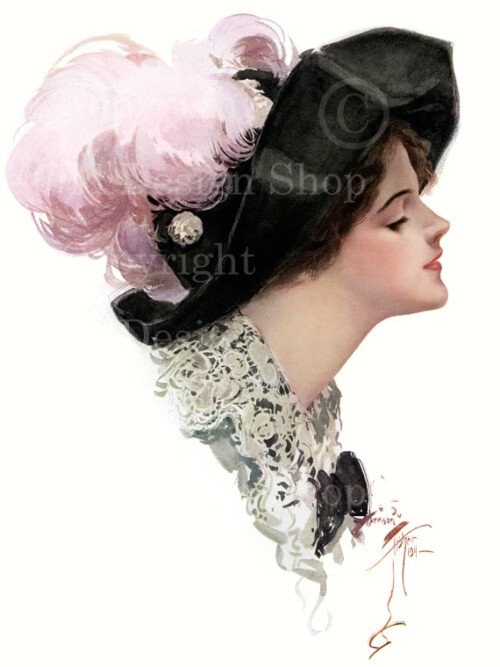 harrison fisher, fine feathers, victorian lady