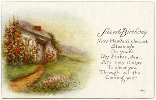 Free vintage clip art country cottage postcard sister's birthday