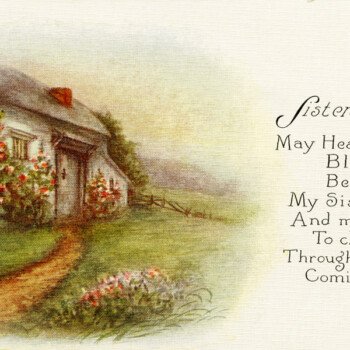 Free vintage clip art country cottage postcard sister's birthday