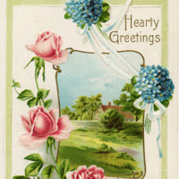 Free vintage clip art pink roses blue flowers hearty greetings postcard